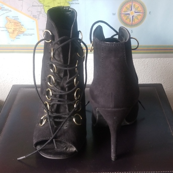 Just Fab Black and Gold Suede Peep toe Booties - Picture 2 of 4